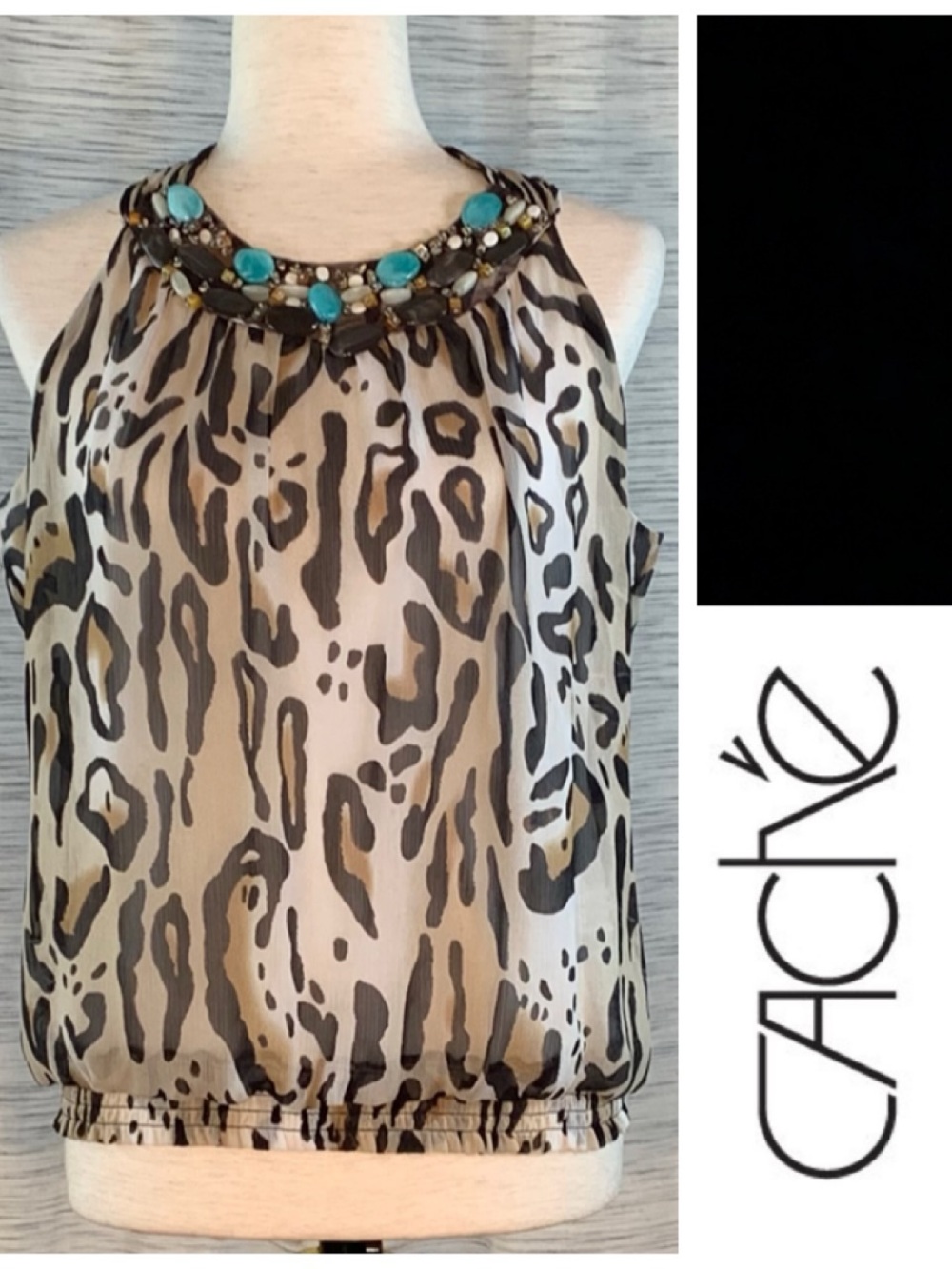Cache Leopard Print Beaded Halter Top in Taupe/Black